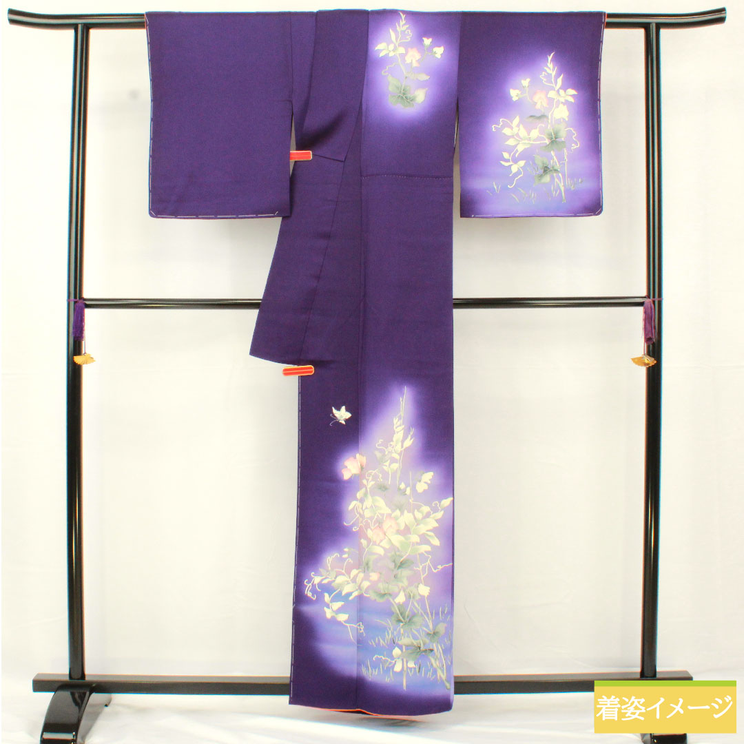 Homongi (formal kimono) made of pure silk, lined, length 160cm, sleeve length 62.5cm, violet, Kyoto Yuzen, floral pattern, A rank, purple, 1112005323420