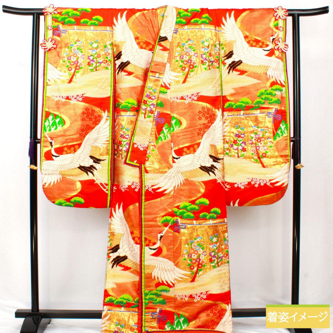 Iro-uchikake (colored kimono) made of pure silk, grade A, length 185cm, sleeve length 67cm, Karaori (Chinese weave) design with crane and folding screen motifs, pine tree motif, lined, vermilion, product number 1110001043916