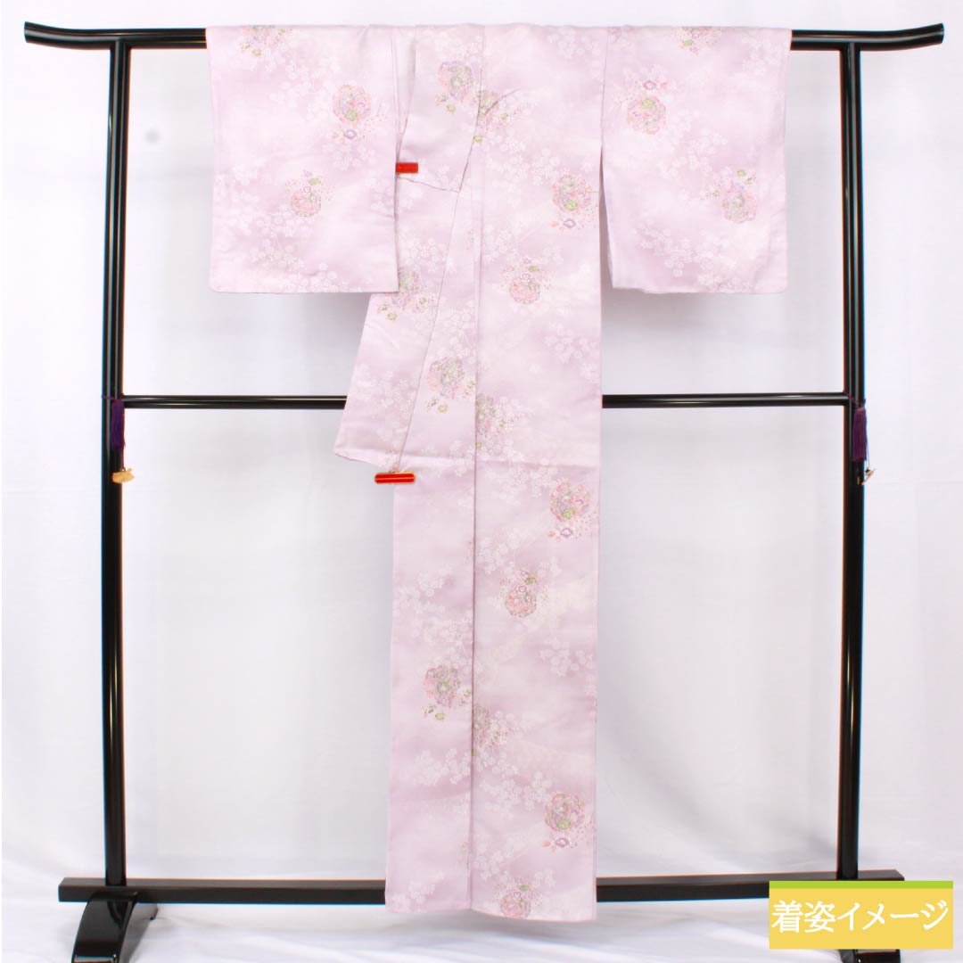 Small pattern, polyester, length 158.5cm, sleeve length 64cm, lined, white wisteria color, washable kimono, small flowers, mirror, basting thread included, A rank, purple, 1115005173320