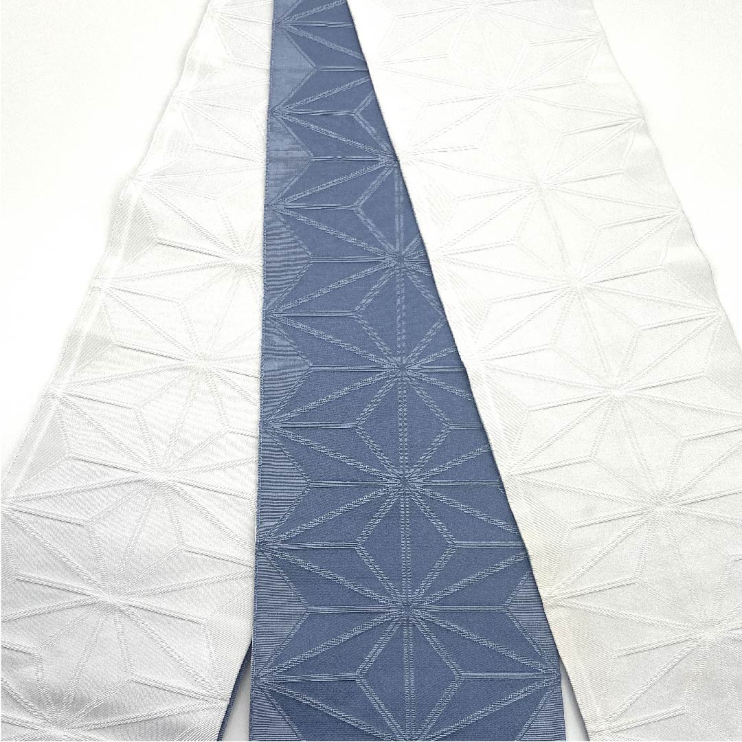 Half-width obi, polyester, lead white, blue and gray, hemp leaf, classic pattern, reversible, obi length 388cm, white, A rank, 1125001203311