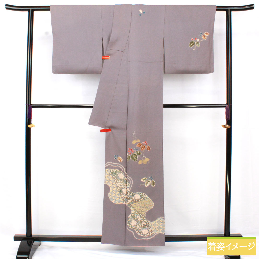 訪問着 正絹 袷 身丈159.5cm 裄丈63.5cm 紫鼠色(むらさきねずいろ) ちりめん地 辻ヶ花 道長取り 付下げ Aランク グレー系 1112005583322