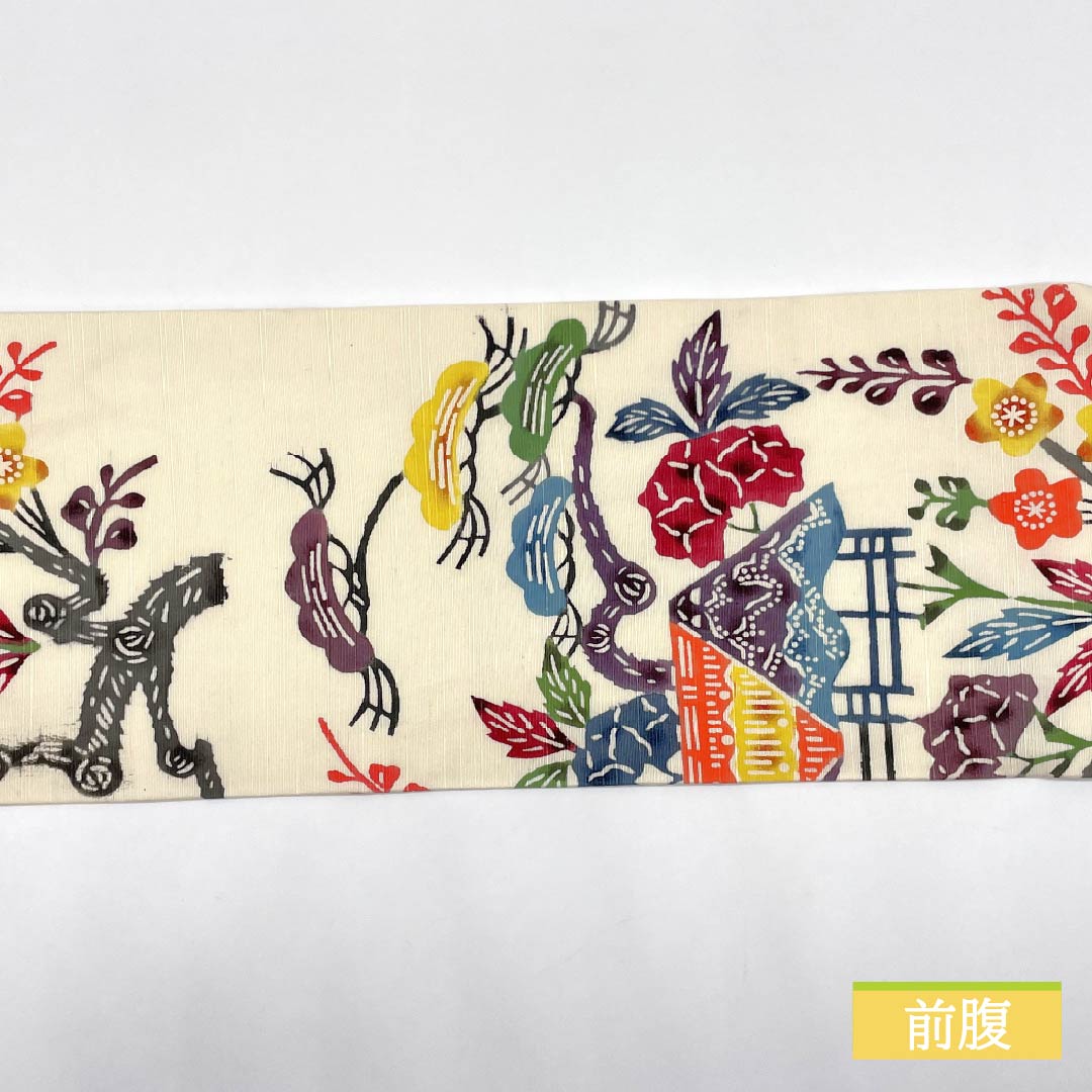 Nagoya obi, medium crimson flower color, Kyoto Bingata, pongee fabric, Bingata-style pattern, obi length 359cm, pure silk, A rank, six-pass, casual, cream color, 1124007333315, Nagoya style
