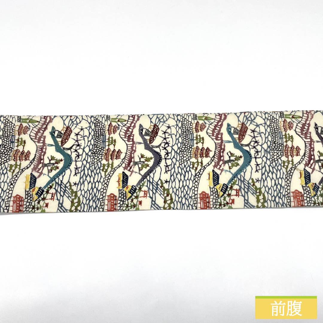 Nagoya Obi, Pure Silk, Grade A, Natural Color (Kinari-iro), Stencil Dyed with Bingata-inspired Landscape Pattern, Length 371cm, Six-fold, Casual, Cream-toned, Product Number 1124010593315, Nagoya Style