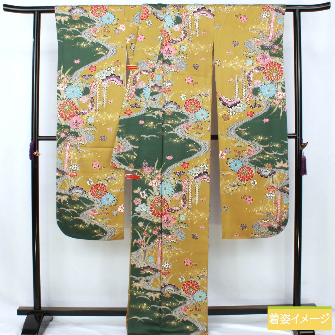 Furisode (long-sleeved kimono) made of pure silk, grade A, length 168cm, sleeve length 68cm, lined, rapeseed oil color (natane-aburairo), Kyoto Yuzen sash pattern, Keicho pattern, yellowish pongee fabric, product number 1113002523523
