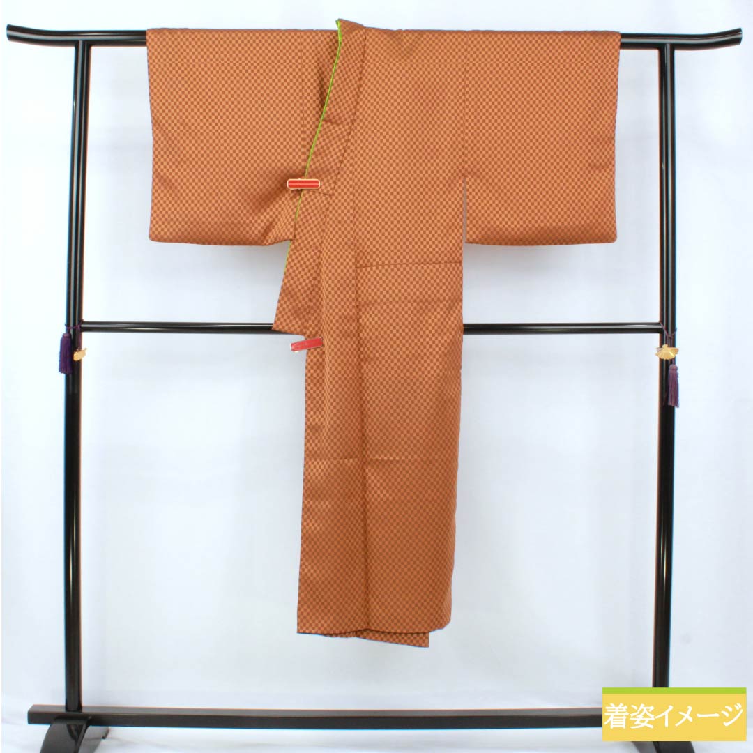 Men's polyester S-rank, length 133.5cm, sleeve length 66.5cm, dark koikuchibairo (dark leaf color), checkered pattern, unlined back, half-collar, lined, orange, 1119001372326