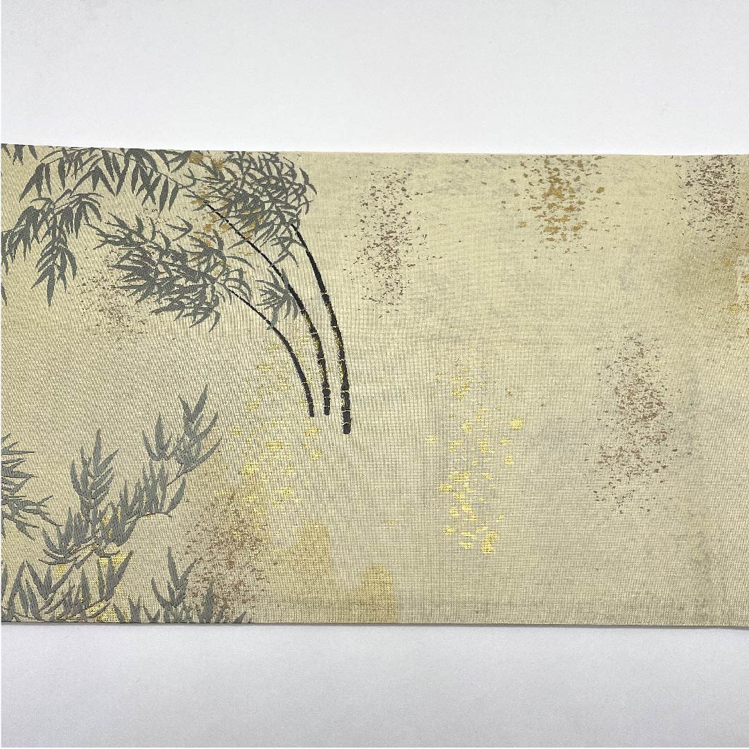 Ivory-colored Fukuro Obi (Bag) with pearl leaf and bamboo forest, Asayama Textile, Length 432cm, Pure silk, A-rank, Pointed pattern, Formal, Cream-colored, 1123006123315