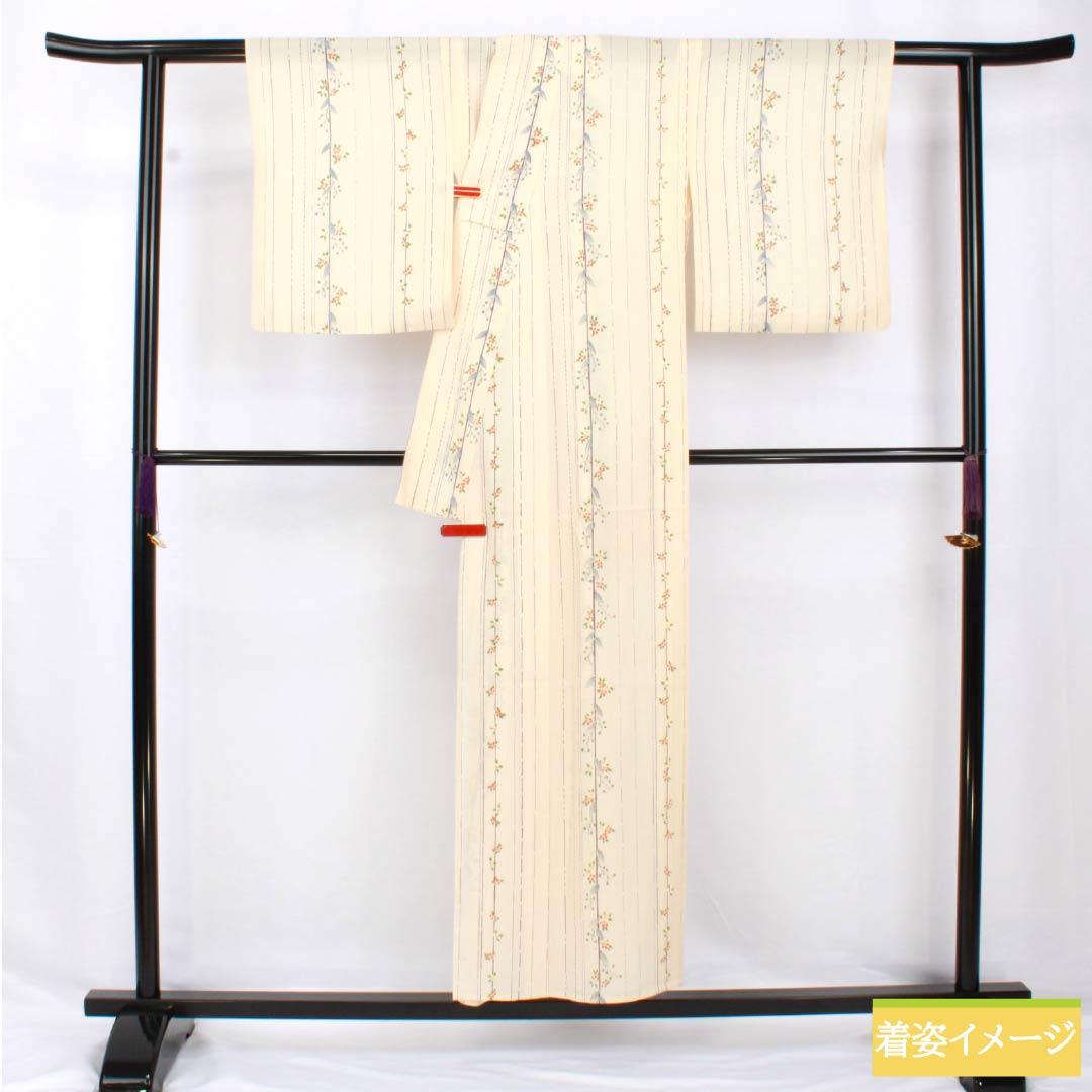夏物 正絹 小紋 身丈153cm 裄丈62cm 生成り色(きなりいろ) 京友禅 縞 小花 絽 Aランク クリーム系 1132002053215