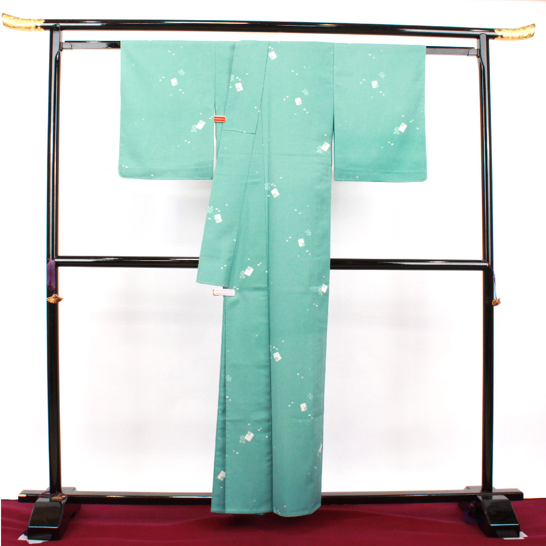 Summer kimono, polyester, small pattern, length 158.5cm, sleeve length 62cm, flower green-blue color, washable kimono, cherry blossom petals, silk, S rank, green, 1132001692319