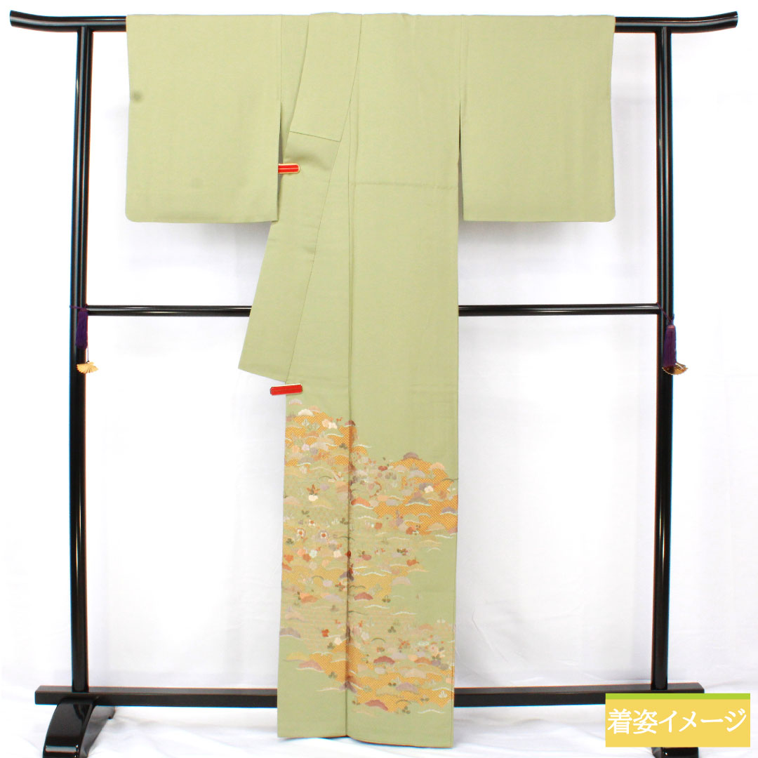 色留袖 正絹 身丈163cm 裄丈67cm 袷 薄柳色(うすやなぎいろ) 蘇州刺繡 丹後ちりめん 吉祥文様 三つ紋 丸に下り藤 Sランク 緑系 1111001682419