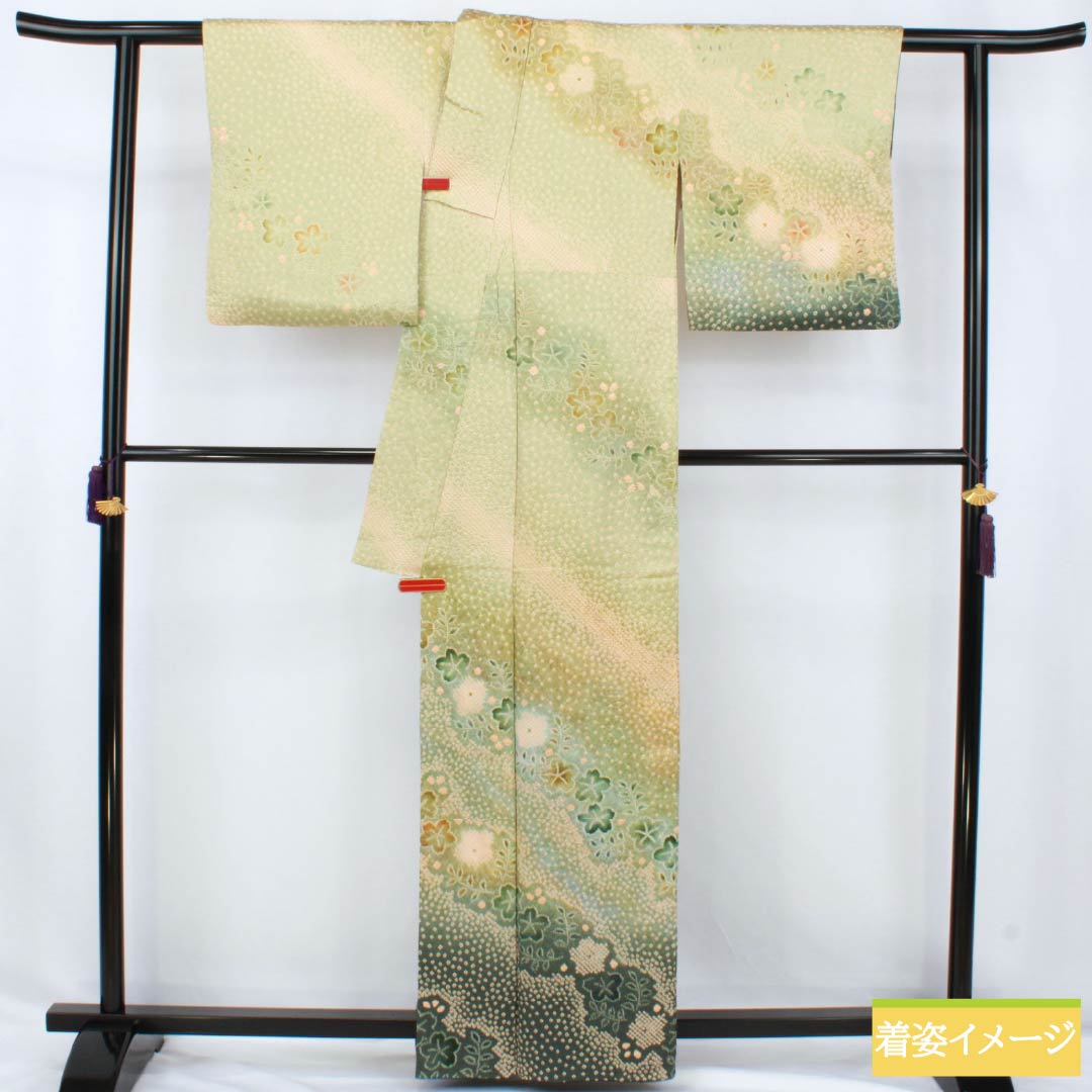 訪問着 正絹 Bランク 袷 身丈160.5cm 裄丈65.5cm 硫黄色(いおういろ) 総絞り 草花 緑系 1112007444419