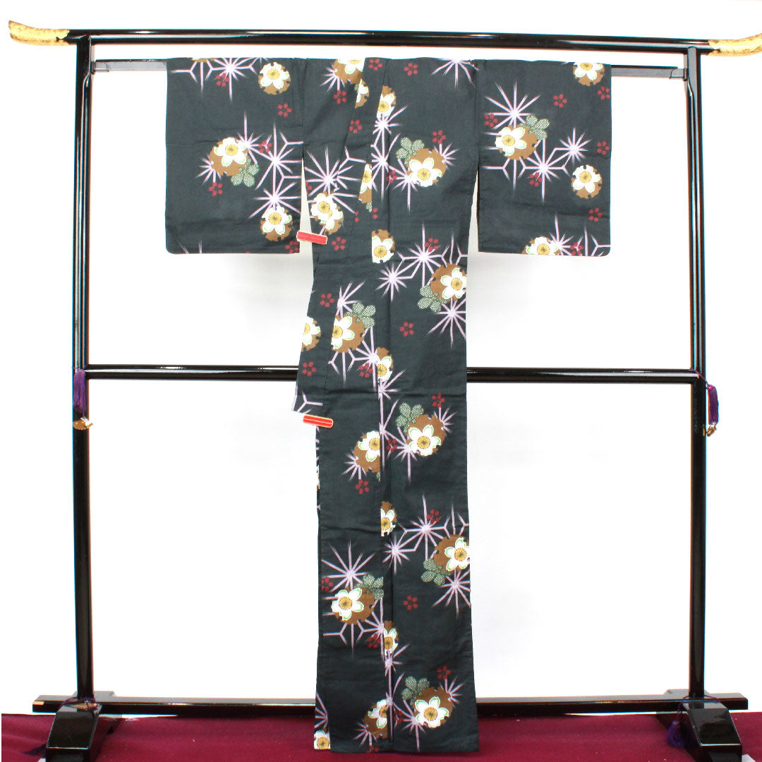 Yukata, Snowflake, Cherry Blossom, Asanoha, Cotton, S Rank, Single Layer, Length 164.5cm, Sleeve Length 64cm, Black, 1118002212410