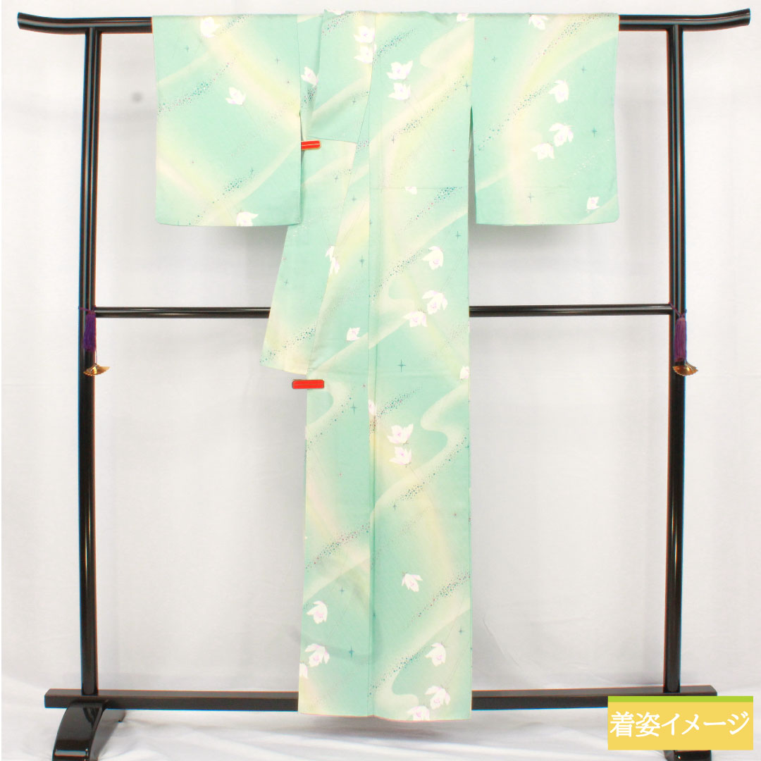 Komon, pure silk, length 157cm, sleeve length 63cm, lined, abstract flower, silver glaze finish, S rank, light blue, 1115004902324