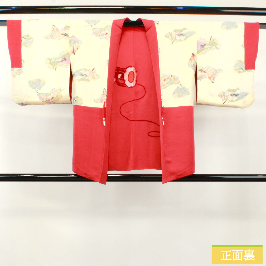 Haori (Japanese traditional coat) made of pure silk, length 74cm, sleeve length 61cm, crimson silk (momiiro), embroidery, A rank, lined, red, 1117000983912