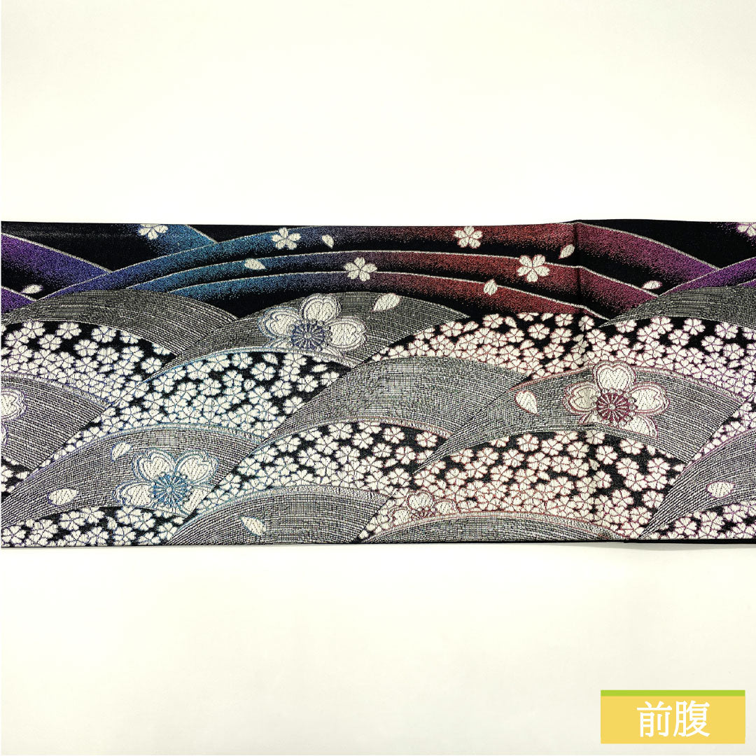 Nishijin-ori Silk Fukuro Obi (Sleeve Belt), S-Rank, Cherry Blossom Design, Formal, Black, 466cm Long, Six-Ply, Suitable for Long-Sleeved Kimono (Furisode). Product Number: 1123016292410