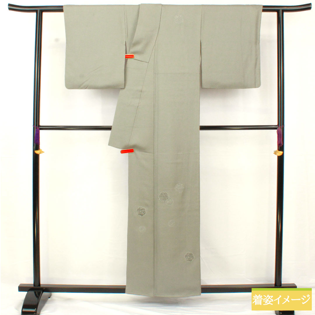 訪問着 正絹 袷 身丈156cm 裄丈62.5cm 灰色(はいいろ) 汕頭刺繡 一つ紋 片喰 雪輪 椿 Sランク グレー系 1112005022322