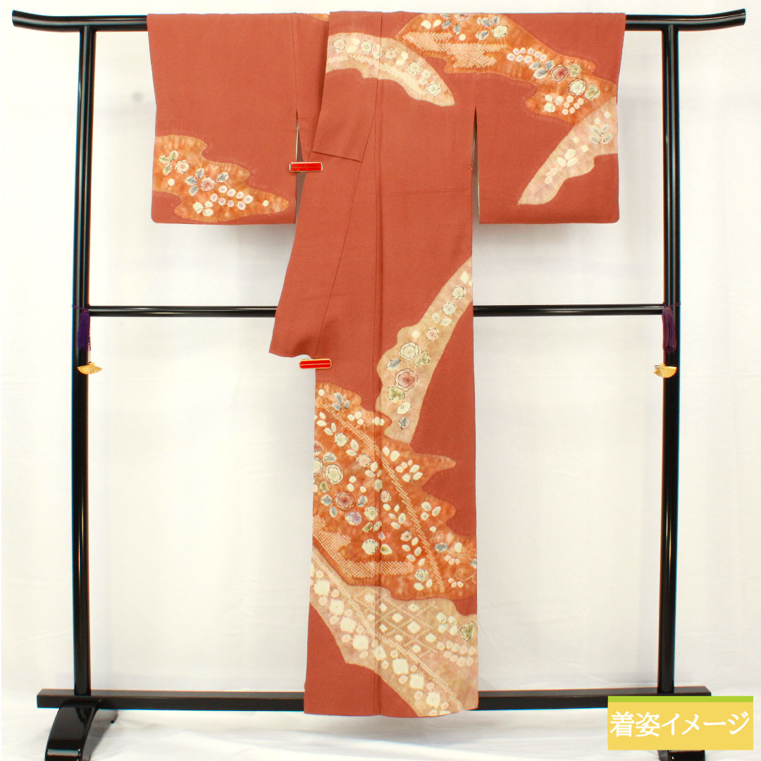 Homongi, pure silk, lined, length 154.5cm, sleeve length 62.5cm, sparrow color, Kyo-Yuzen, Tsujigahana, A rank, brown, 1112005273214