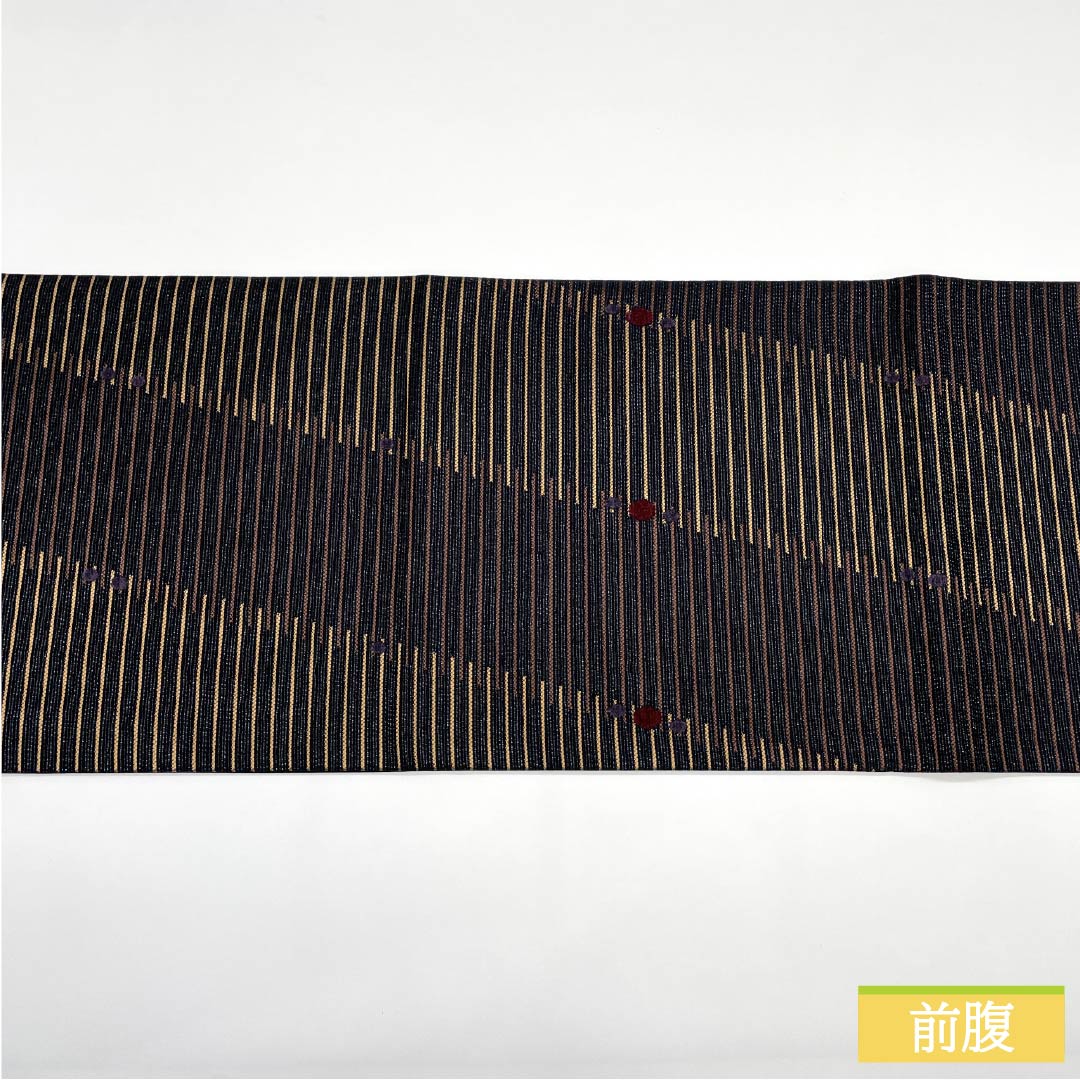 Fukuro Obi, Pure Silk, Black, Horizontal Stripes, Dots, Real Gold and Silver Leaf, Length 438cm, S Rank, Six-way, Semi-formal, Black, 1123012142310