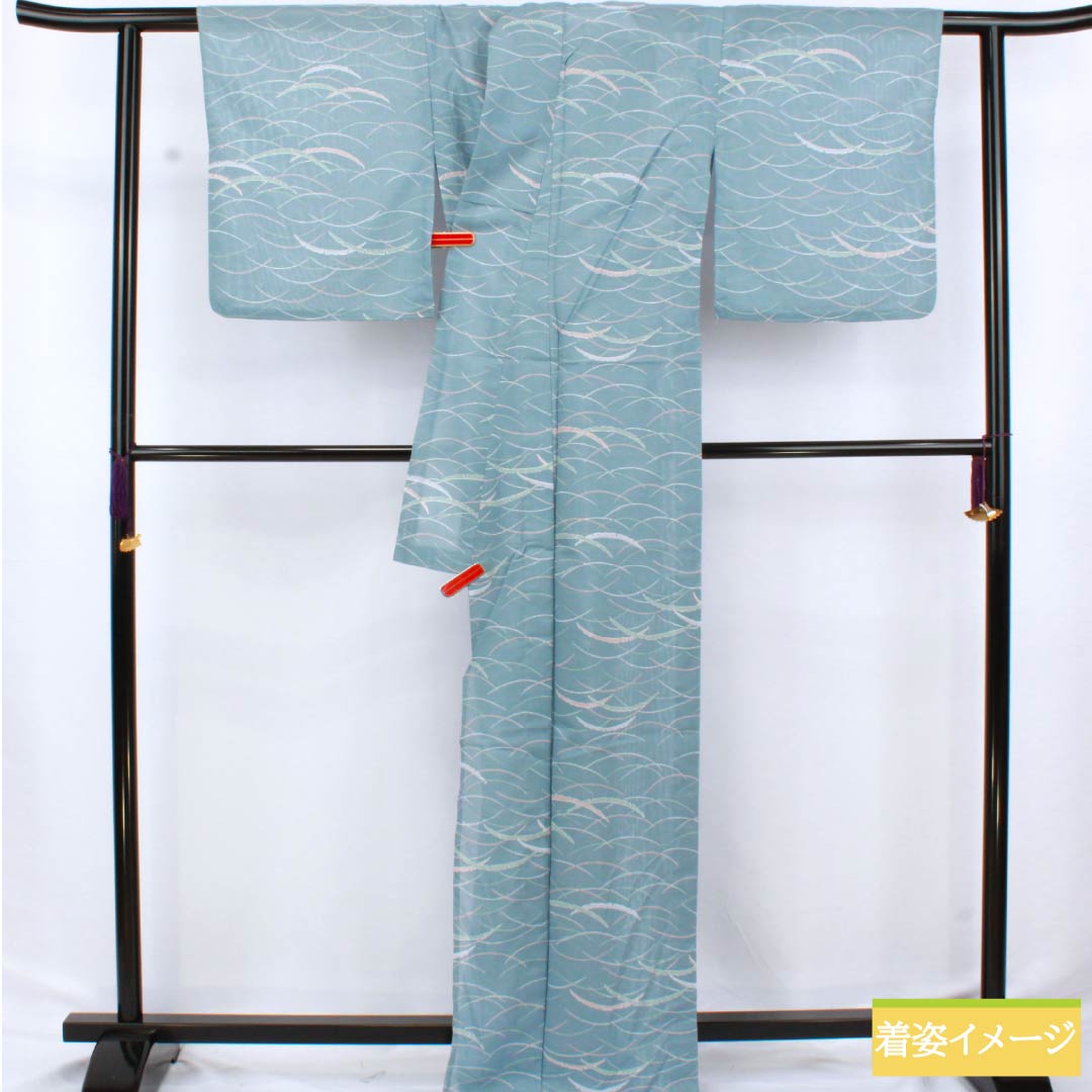 Summer kimono, polyester, small pattern, length 166cm, sleeve length 66cm, Oborohana (Oborohana) color, dew grass, washable, silk pongee, S rank, light blue, product number 1132002492524