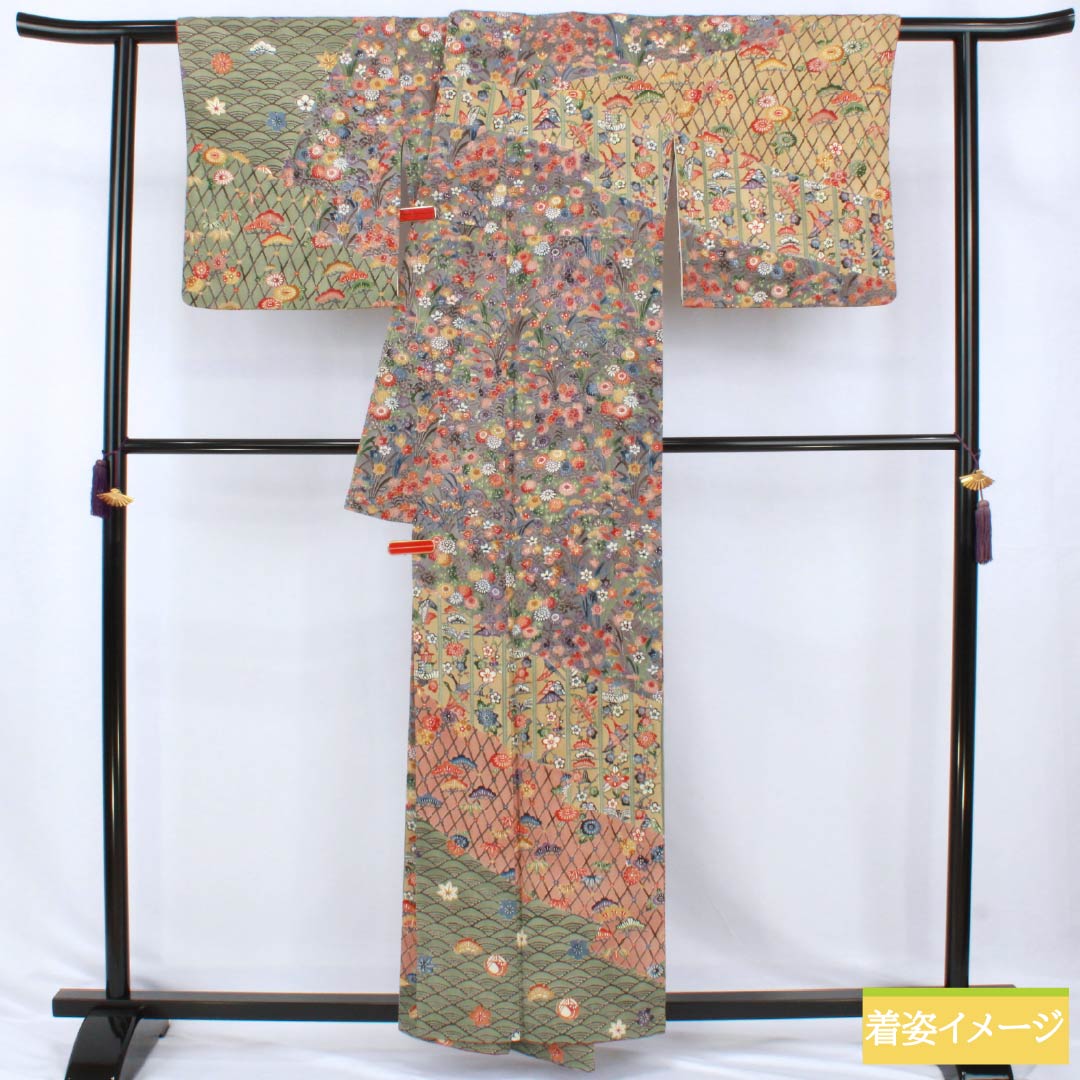 訪問着 正絹 Sランク 袷 身丈157cm 裄丈66.5cm 灰紫色(はいむらさきいろ) 青柳鼠色(あおやぎねずいろ) 型染 西岡都巳二 作家物 古典柄 マルチカラー 1112007682328