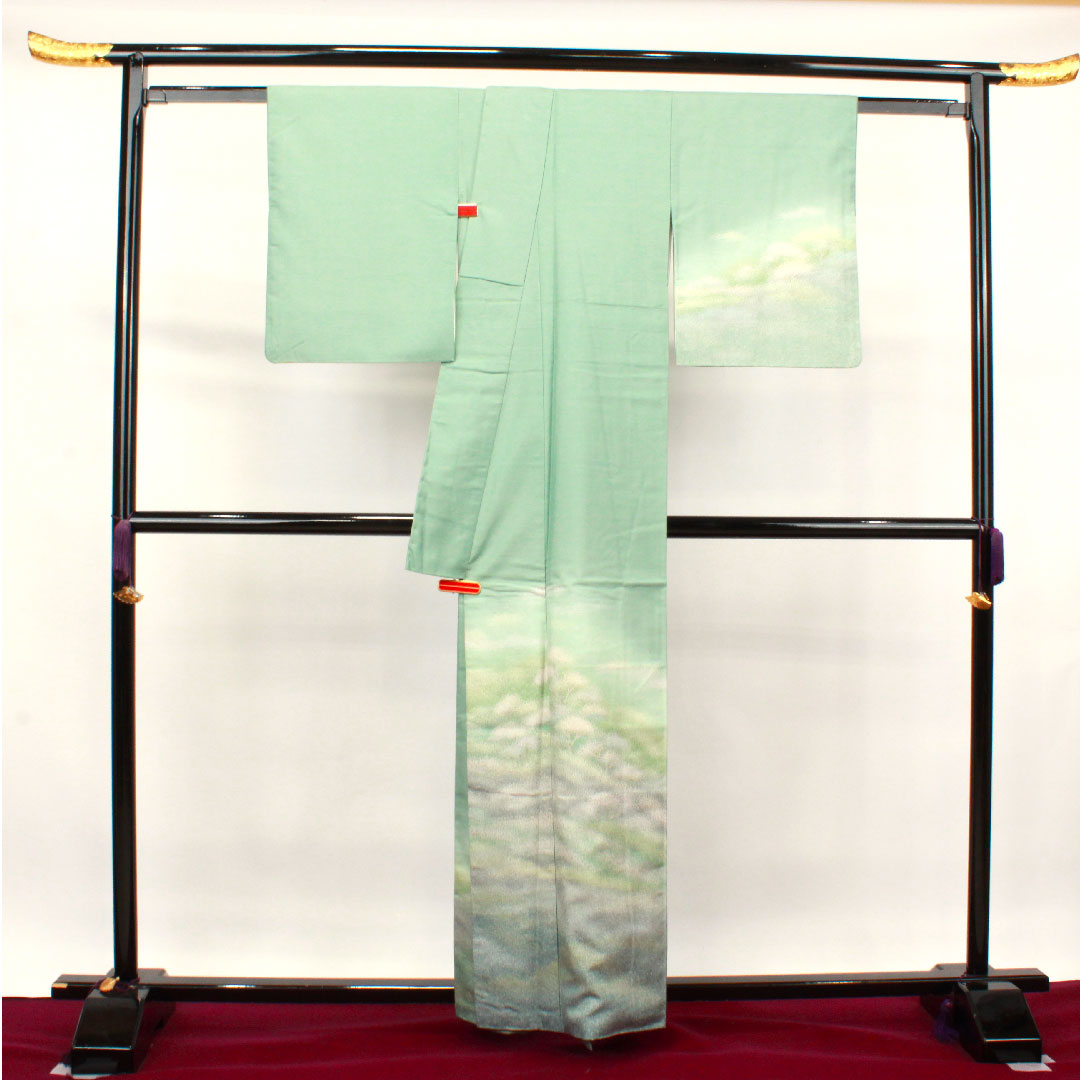 Homongi, pure silk, lined, length 161cm, sleeve length 62.5cm, bean blue, Ushiku Tsumugi, abstract pattern, A rank, green, 1112003263419