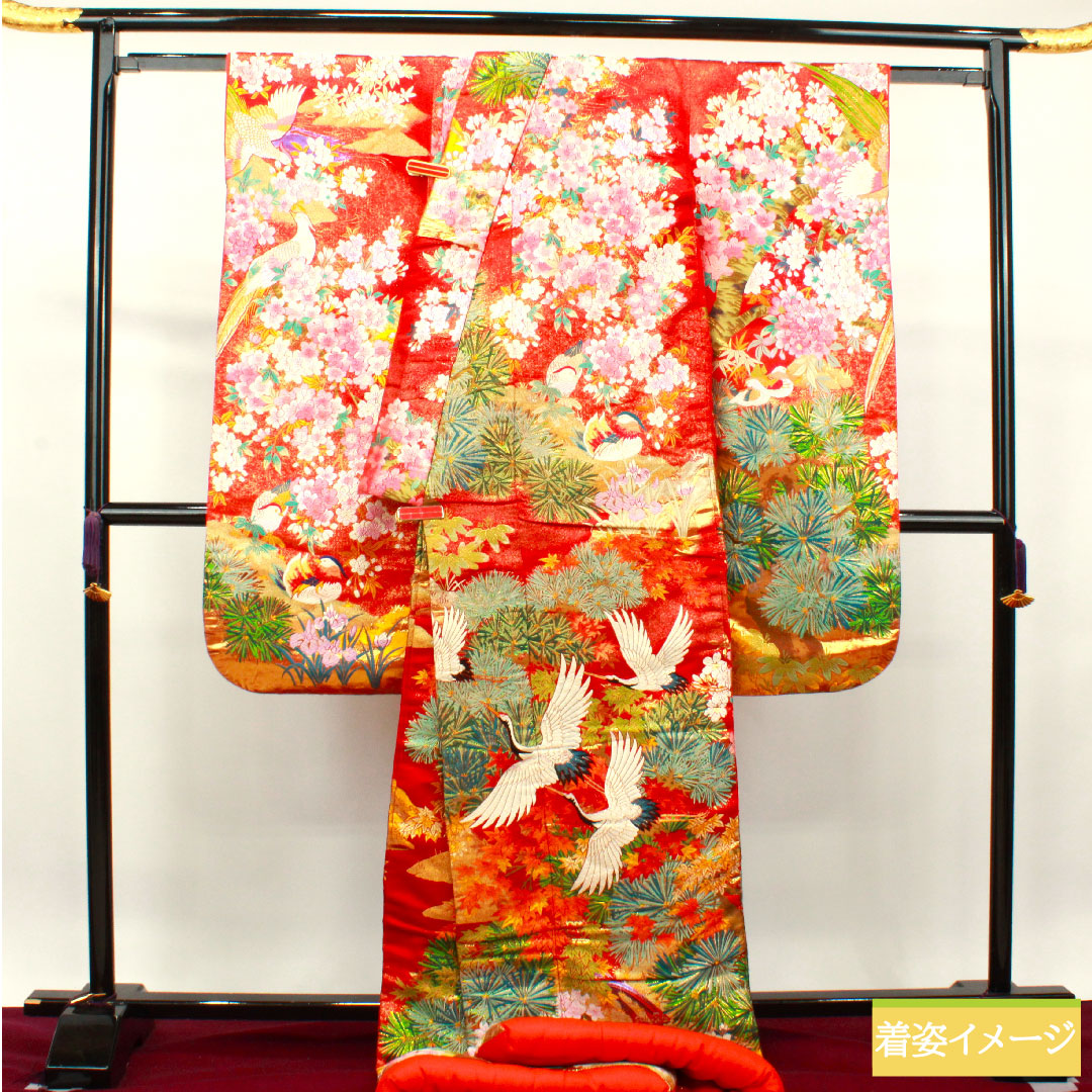 色打掛 正絹 身丈193cm 裄丈65cm 唐織 鶴 松 桜 鴛鴦 Aランク 袷 朱系 1110000713916
