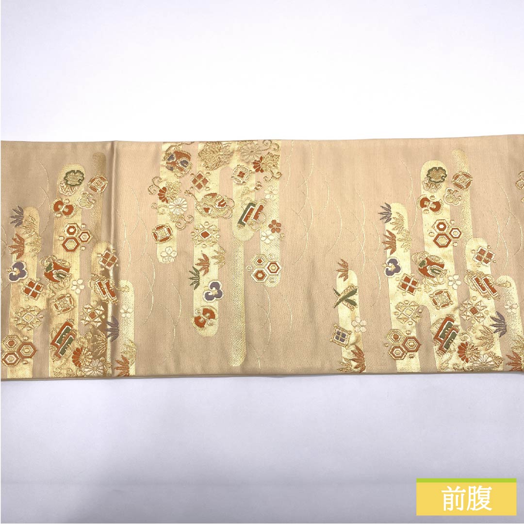 Fukuro Obi (Sash) made of pure silk, walnut color, for Tomesode, Treasures, Flower Arabesque pattern, Length 430cm, S rank, Six-pass, Formal, Beige, 1123013582325