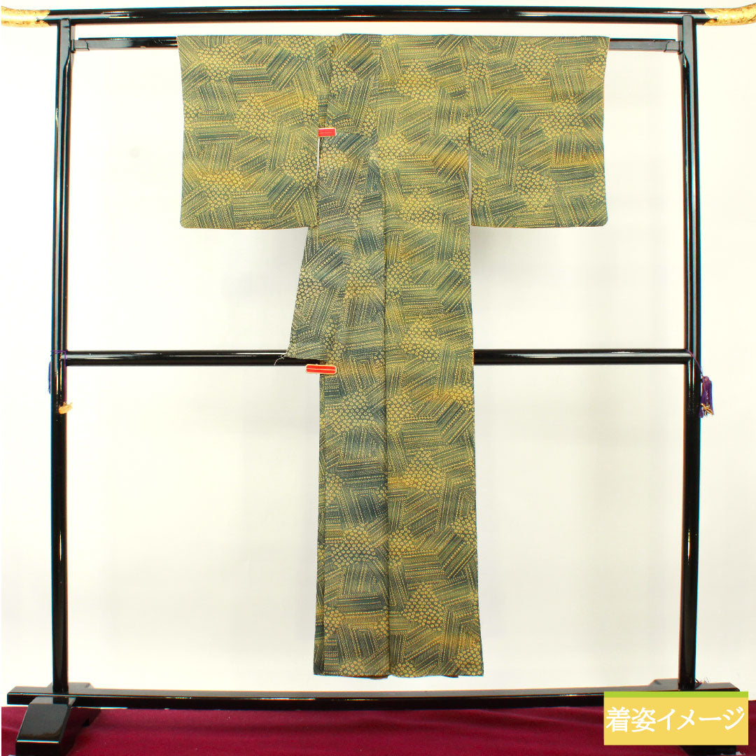 Komon, pure silk, length 148.5cm, sleeve length 61cm, lined, Oribe color, abstract pattern, split pattern, S rank, green, 1115004392119