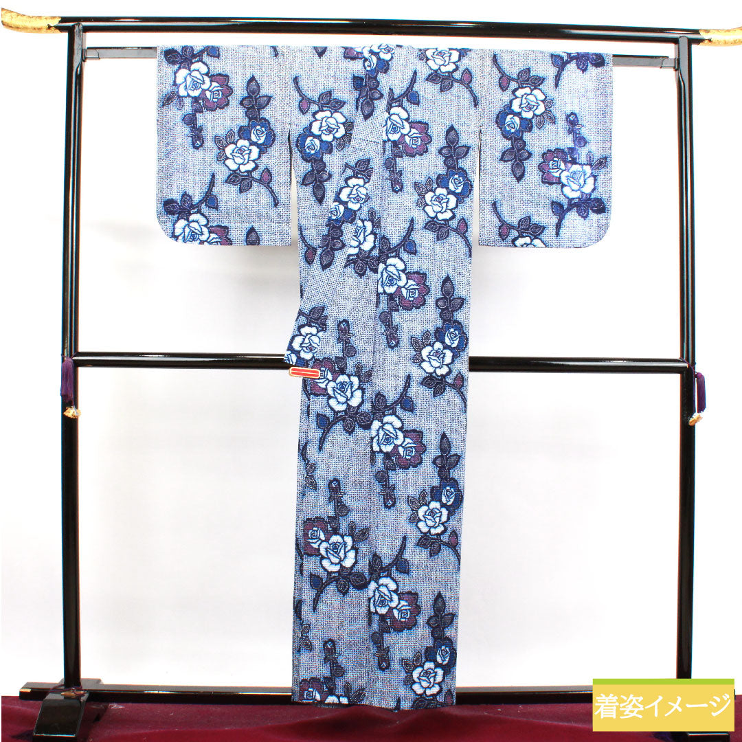 Yukata Cotton Length 155cm Sleeve length 63cm A rank Single layer Navy Deep navy Ripple Rose 1118004582318