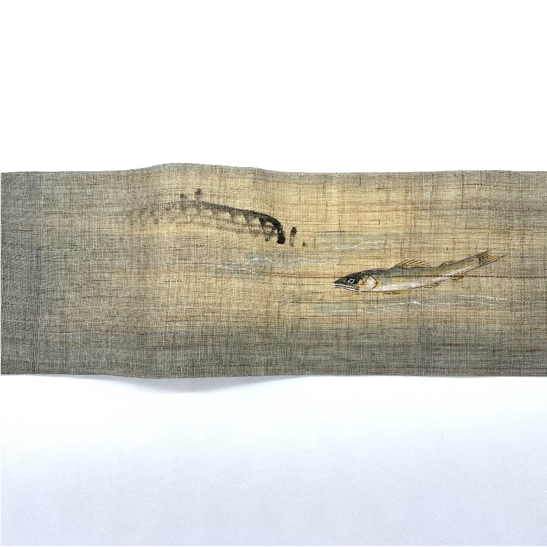 名古屋帯 魚 紬地 作家物 染帯 帯丈367cm 正絹 Aランク ポイント柄 カジュアル グレー系 1124005003322 名古屋仕立て