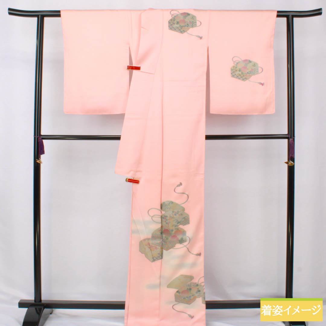 Visiting Kimono (Homongi) - Pure Silk, S-Rank, Lined, Length 167.5cm, Sleeve Length 68cm, Dawn Blue (Akebono-iro), Gold-Embossed, Stacked Box with Basting Thread, Pink, Product Number: 1112006372513
