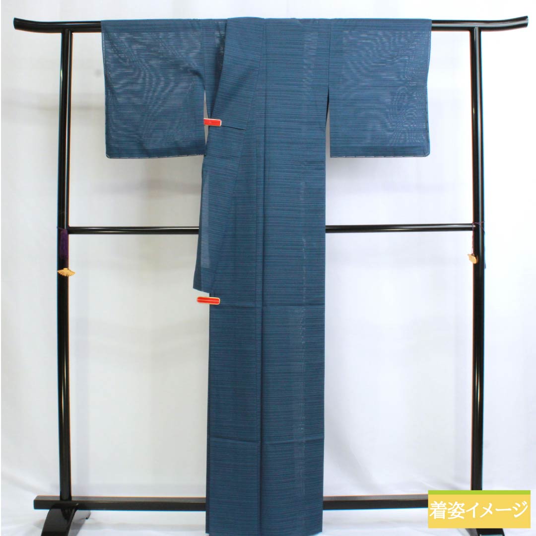 Summer solid color polyester kimono, S rank, length 164cm, sleeve length 63cm, lining color (urairo), one crest, chuin kakutate yotsume, blue, product code: 1132003212417