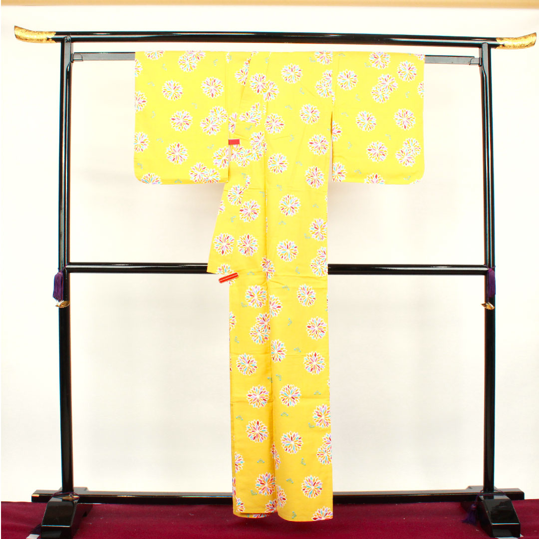 Yukata, Shishigoto color, abstract pattern, cotton, S rank, single layer, length 160.5cm, sleeve length 64cm, yellow, 1118001232423