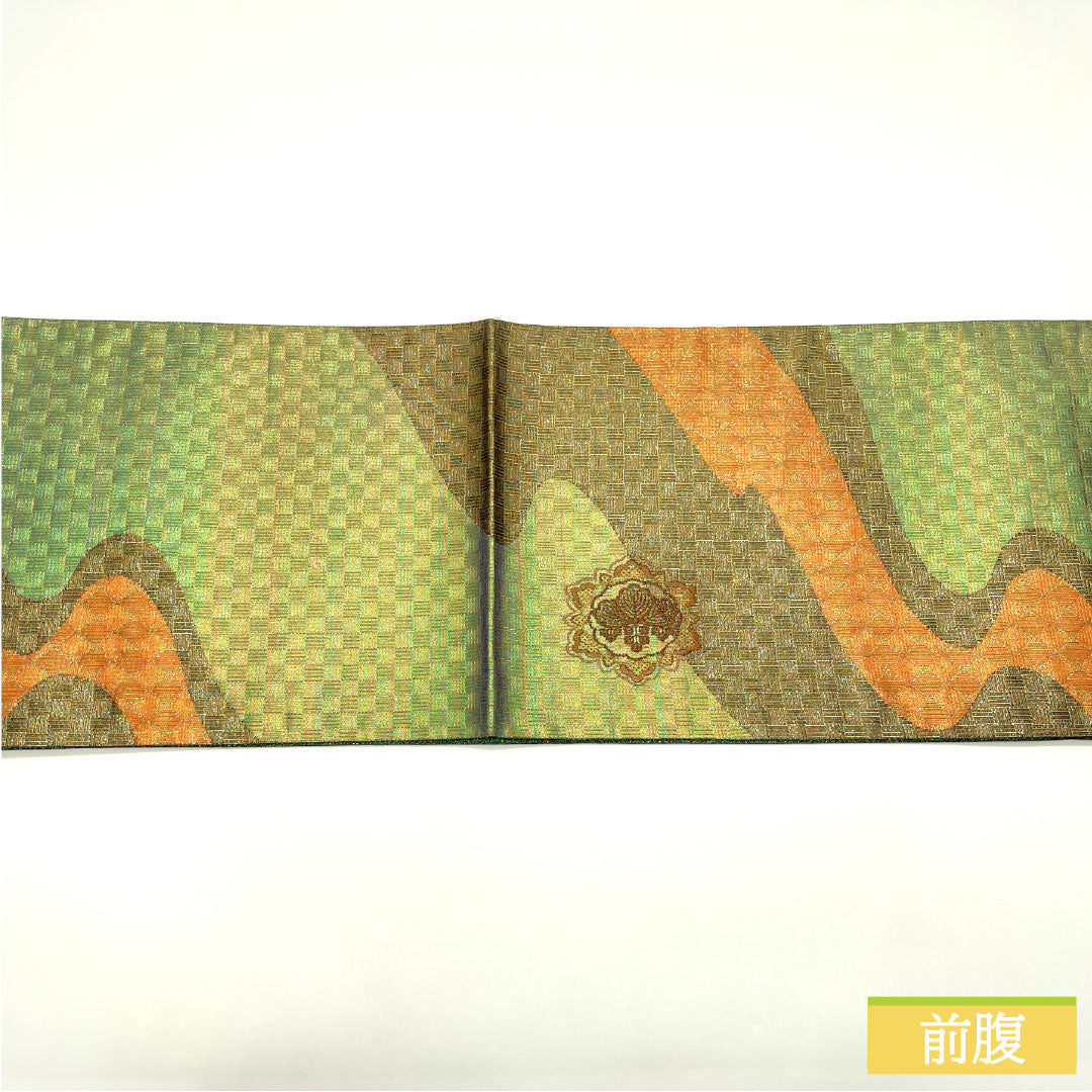 Nishijin-ori silk obi with embroidery, Gosan Paulownia pattern, flowing water design, and iridescent beetle motifs. Length: 440cm. Semi-formal, gradient accents. Product code: 1123016692399.