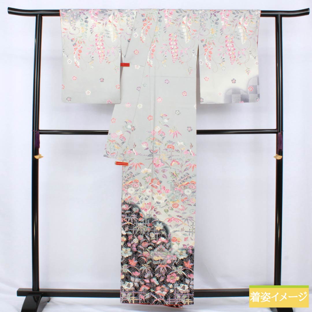 Visiting Kimono, Pure Silk, S Rank, Lined, Length 160cm, Sleeve Length 64cm, Kyoto Yuzen, Wisteria and Cherry Blossom Design, Gray, Product Number: 1112006302422