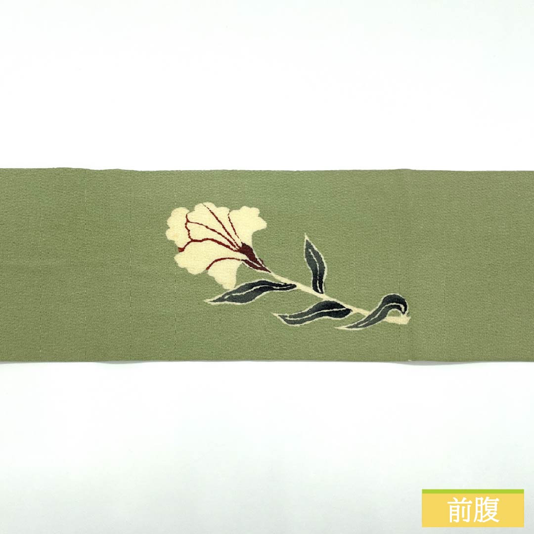 Nagoya Obi, Pure Silk, Grade A, Light Indigo (Asakiaiiro), Stencil-Dyed Chirimen Fabric, Floral Pattern, Length 358cm, Pointed Pattern, Casual, Green, Product Number 1124009103319, Nagoya Style