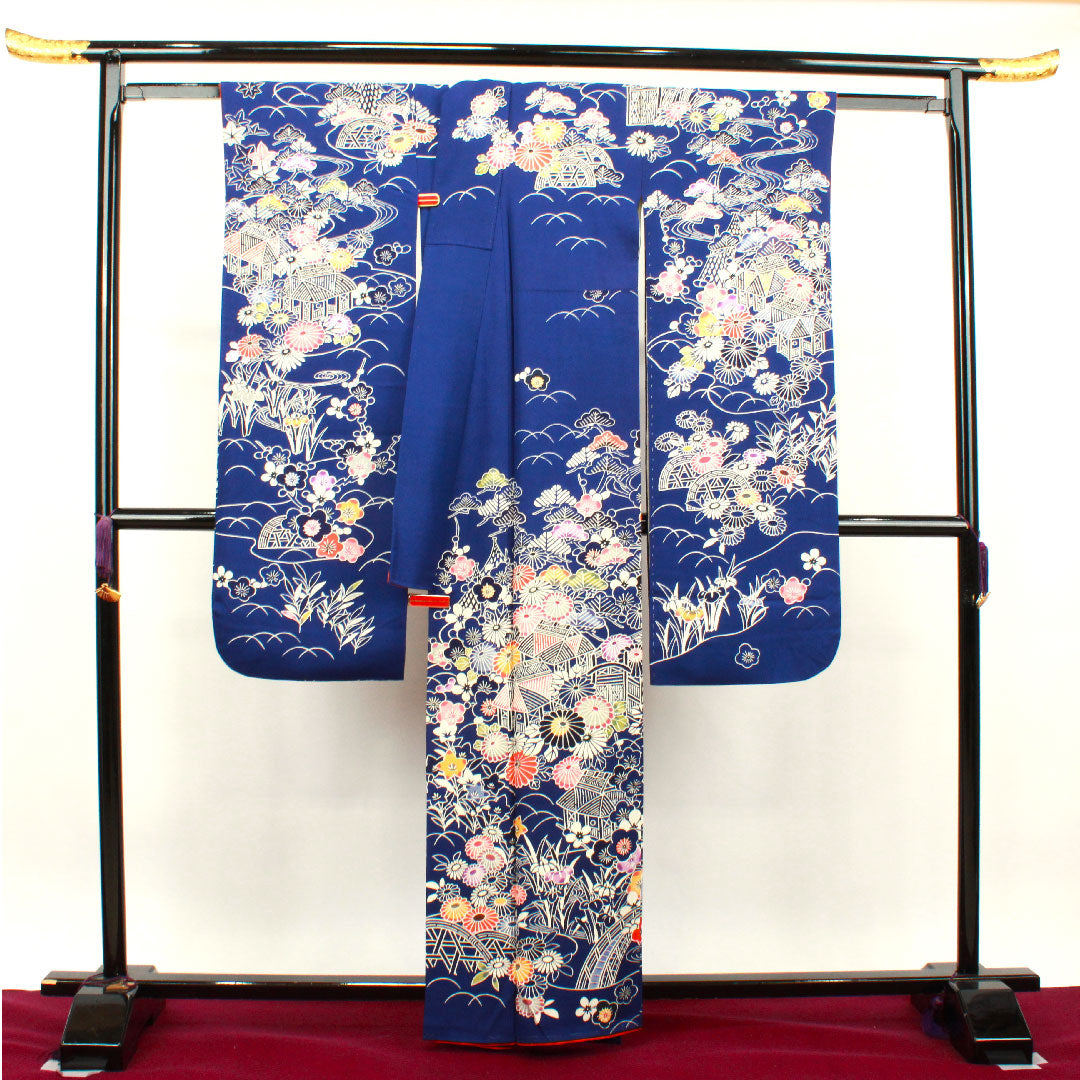振袖 身丈161.5cm 裄丈64cm 袷 紺桔梗色 京紅型 松竹梅 菊 葵 正絹 Aランク 紺系 1113001593418