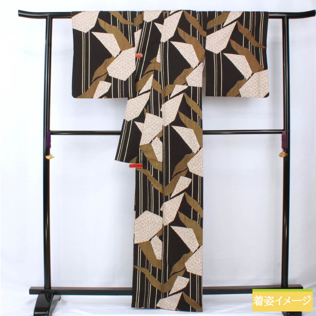 Small pattern, polyester, length 166cm, sleeve length 65cm, lined, split pattern, washable kimono, S rank, black, 1115005812510