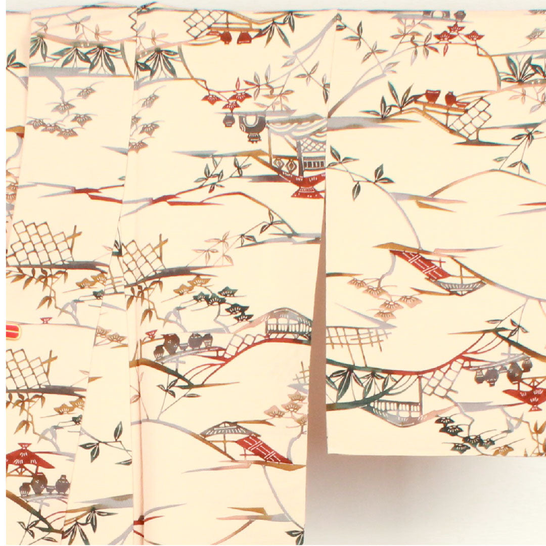 Komon, Length 165.5cm, Sleeve length 66cm, Awase, Washed persimmon color, Stencil dyeing, Landscape pattern, Pure silk, A rank, Pink 1115002093513