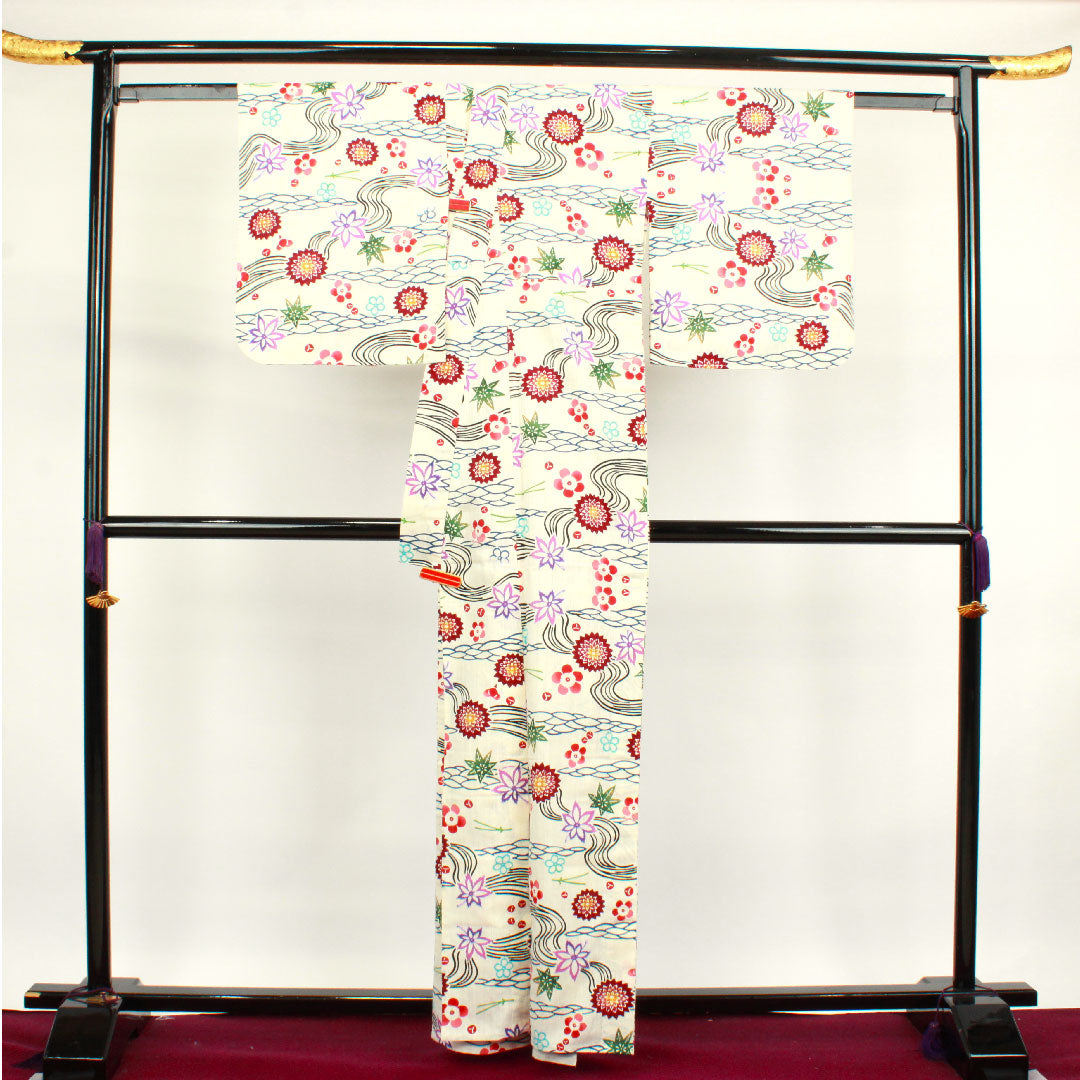 Yukata with basting thread, unused, milky white, stencil dyed, cotton linen, S rank, single layer, length 162cm, sleeve length 67cm, cream color, 1118002012415
