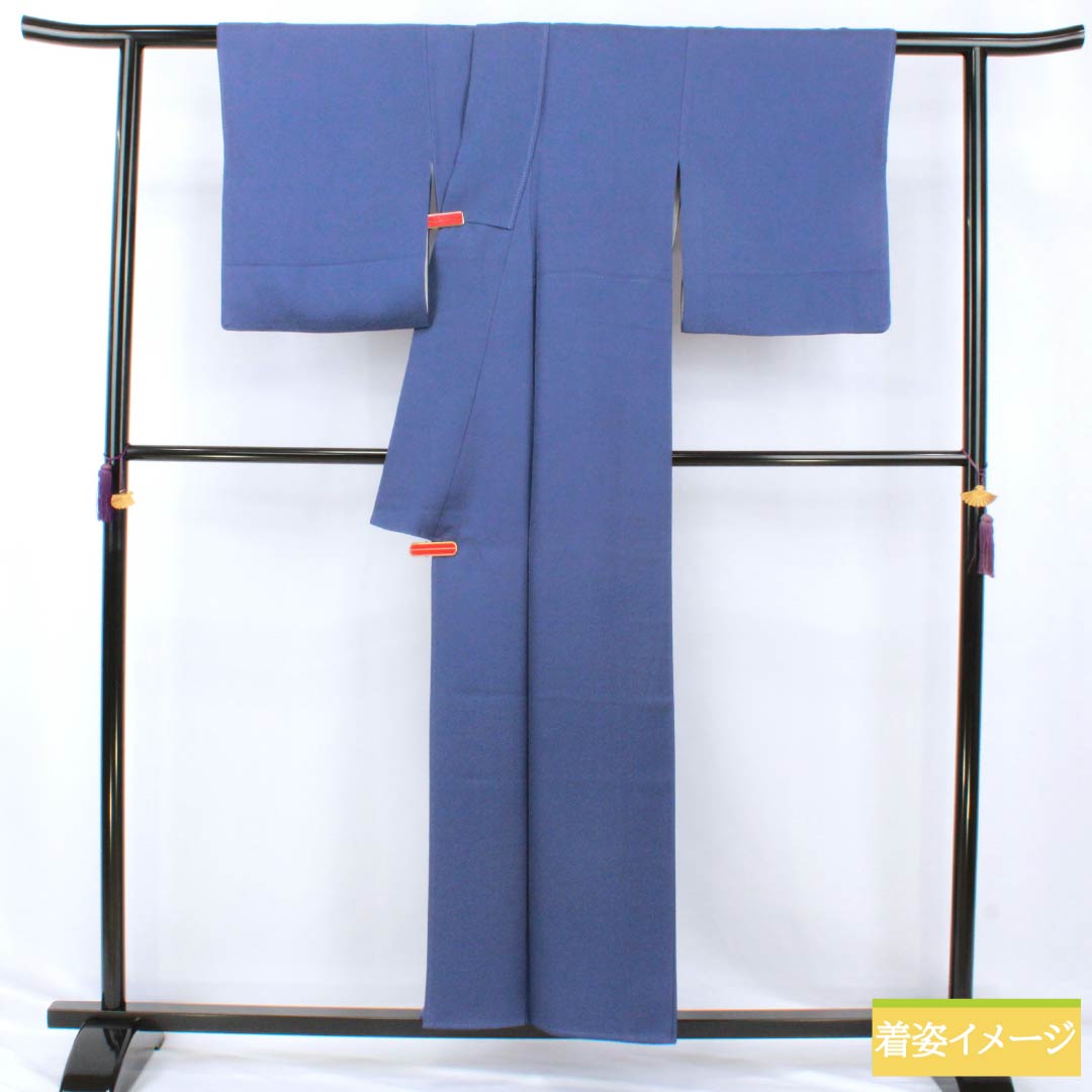 Solid-colored silk kimono, A-rank, length 155cm, sleeve length 62.5cm, Kikyo-nandou-iro (kikyo-nandou-iro) color, single crest, Sokage-maru with quince, sewn crest, lined, blue, 1114002573317