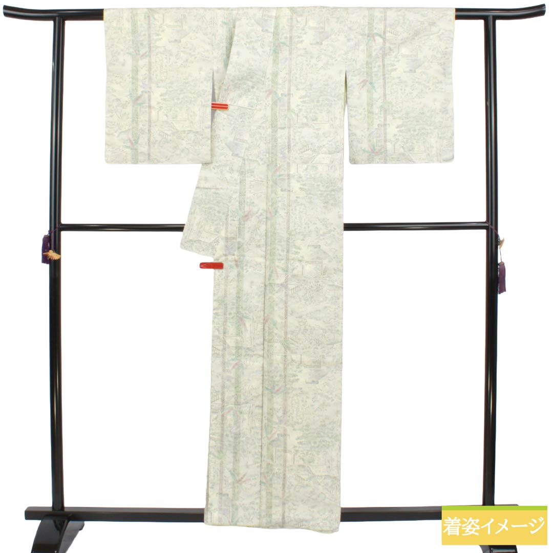 紬 正絹 Aランク 身丈157cm 裄丈62.5cm 白大島 9マルキ 汕頭刺繡 風景模様 袷 白系 1116005253311