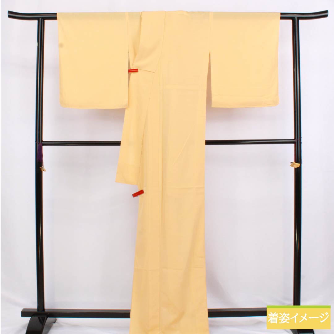 Summer solid color polyester kimono, S rank, length 171.5cm, sleeve length 70.5cm, light tangerine color (usukouji), one crest, five-three paulownia pattern, ro crepe, orange-colored, product number 1132003062626