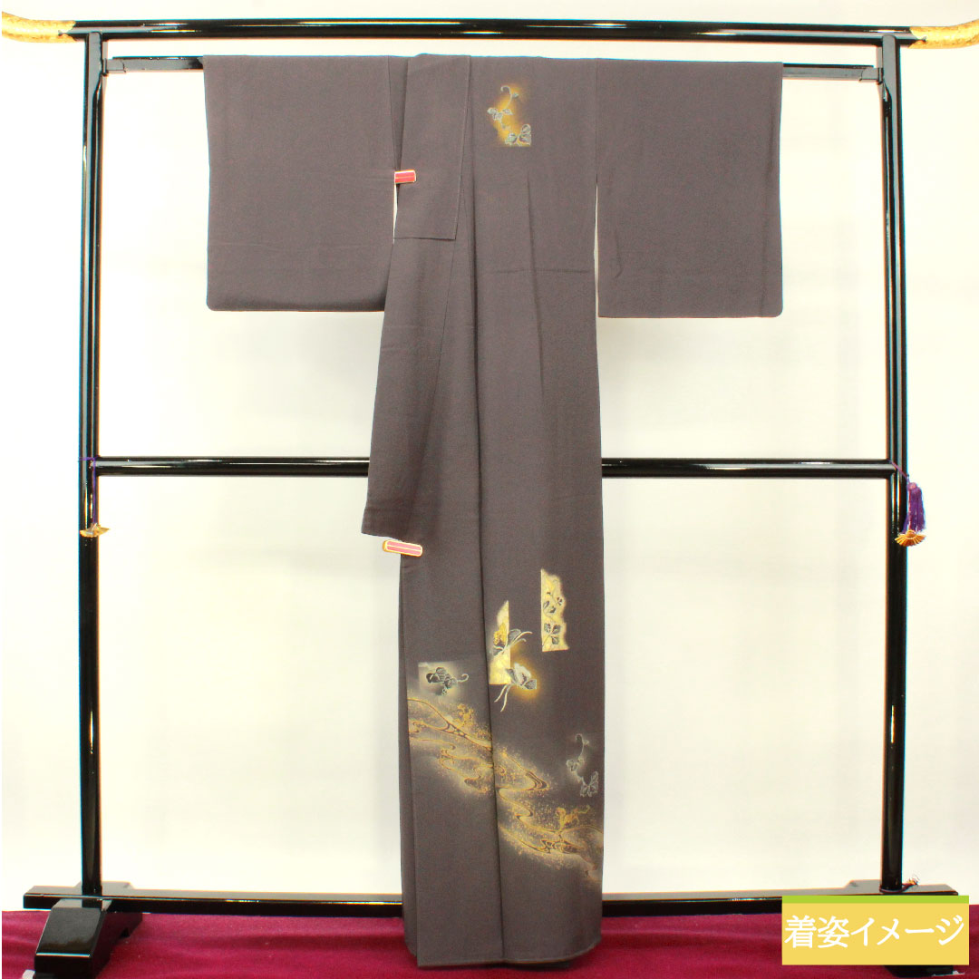 Homongi, pure silk, lined, length 161cm, sleeve length 66.5cm, dark blue, Kyo-Yuzen, butterfly, ivy, flowing water, S rank, gray, 1112004162422