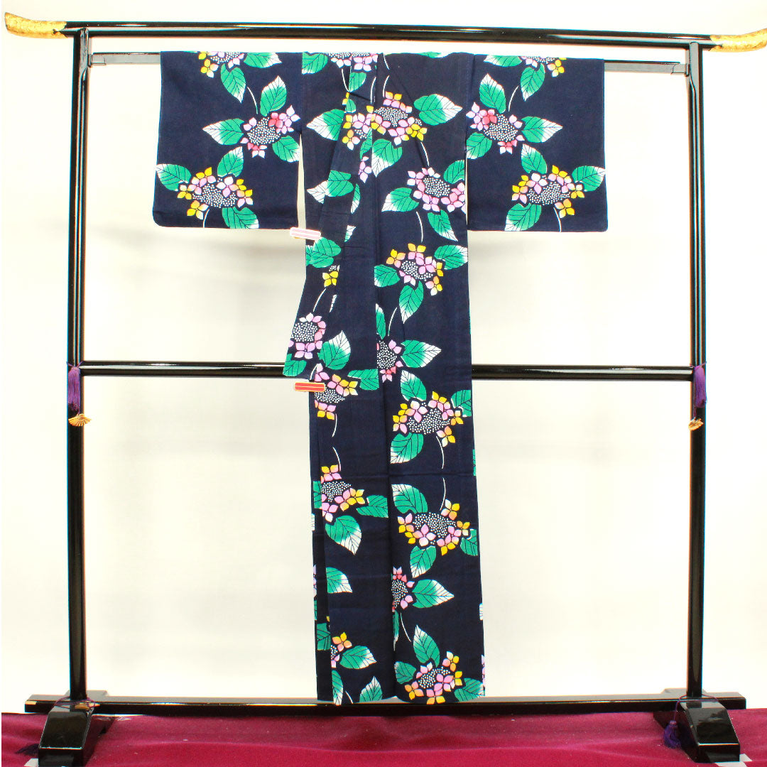 Yukata, dark blue, hydrangea, cotton, S rank, single layer, length 150.5cm, sleeve length 64cm, navy blue, 1118003062118