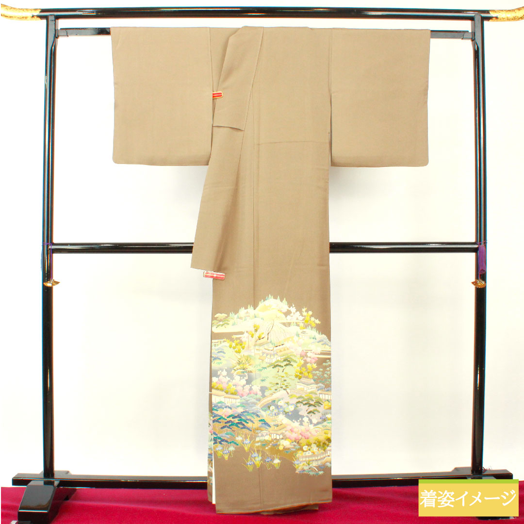 色留袖 正絹 身丈161cm 裄丈66cm 袷 壁鼠色(かべねずいろ) 京加賀友禅 比翼仕立て 風景模様 三つ紋 蔦 Aランク 茶系 1111001403414