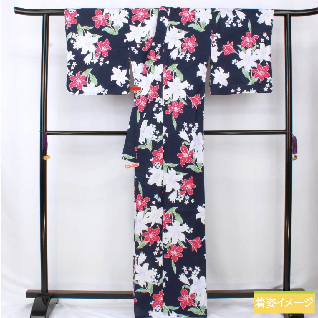 浴衣 木綿 身丈166cm 裄丈65cm Aランク 単衣 紺系 紺色(こんいろ) 百合 INGNI イング 1118006173518