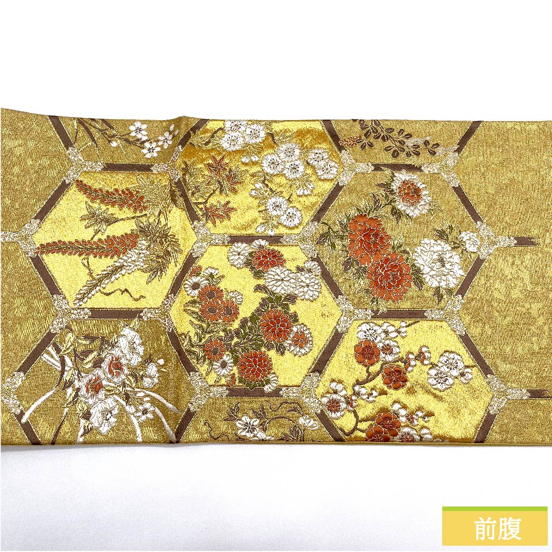 Fukuro Obi, pure silk, gold, Kano Yuki, tortoiseshell, flower, classic pattern, obi length 440cm, S rank, point pattern, formal, gold, 1123010852321