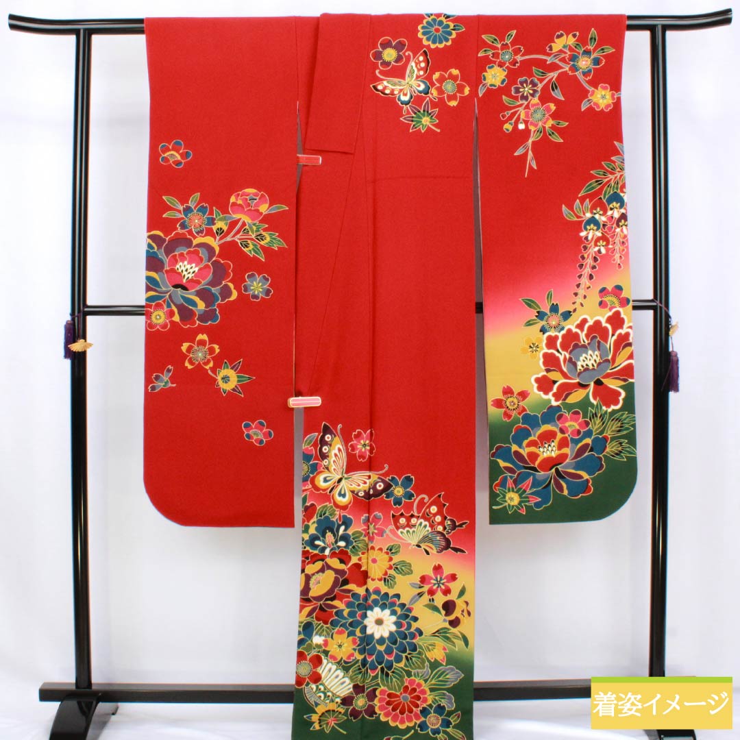Kimono (Furisode) - Silk - S Rank - Length: 167cm, Sleeve-to-sleeve: 68cm - Lined - Pomegranate Red - Kyo-Bingata - Auspicious Patterns - Butterflies, Cherry Blossoms, Chrysanthemums - Red Tones - 1113002772512