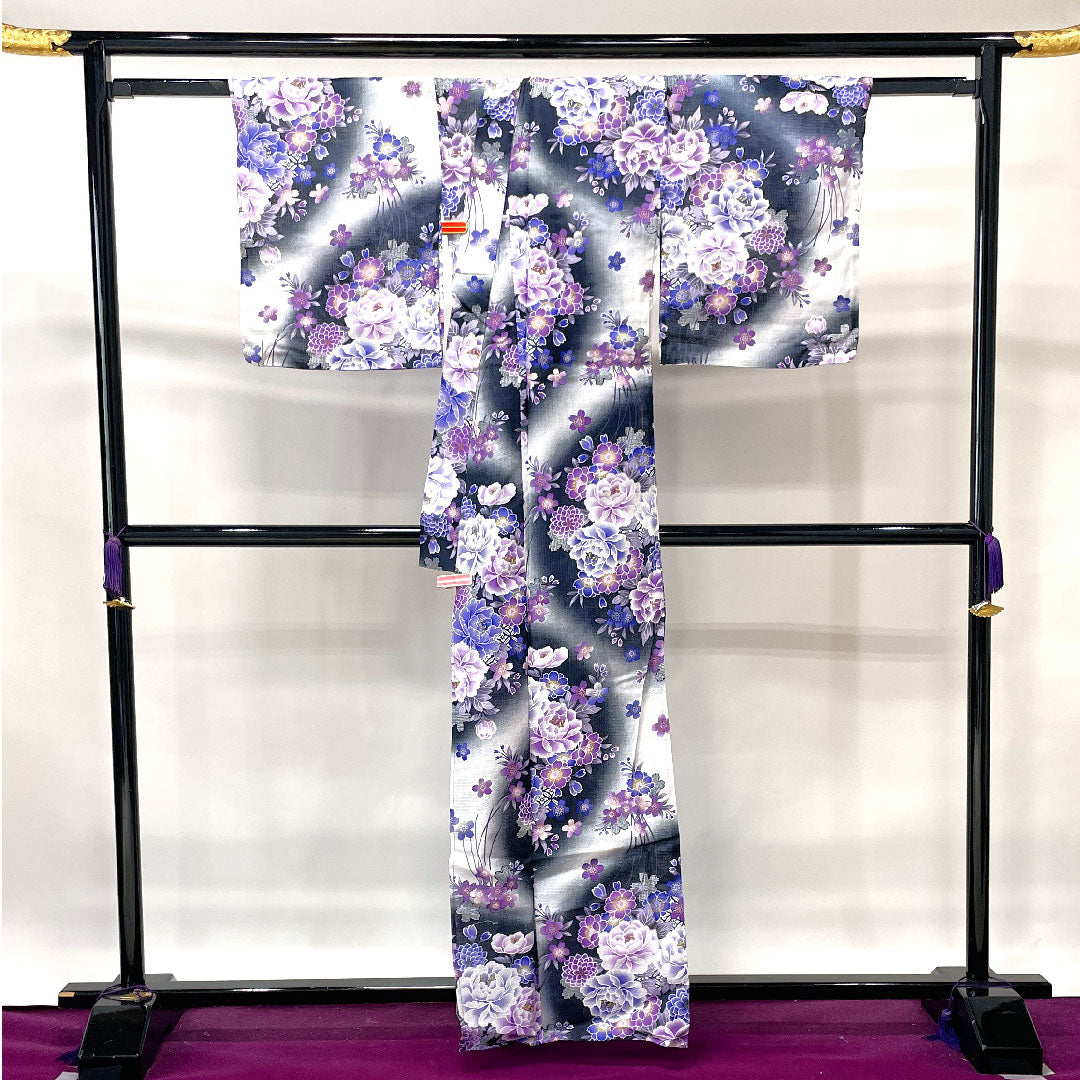 浴衣 桜 木綿 Sランク 単衣 身丈162cm 裄丈66cm 黒系 1118001502410