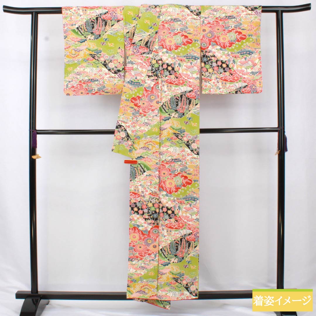 小紋 正絹 Sランク 身丈154cm 裄丈62cm 袷 鶸萌黄色(ひわもえぎいろ) 京紅型 吉祥文様 緑系 1115006832219